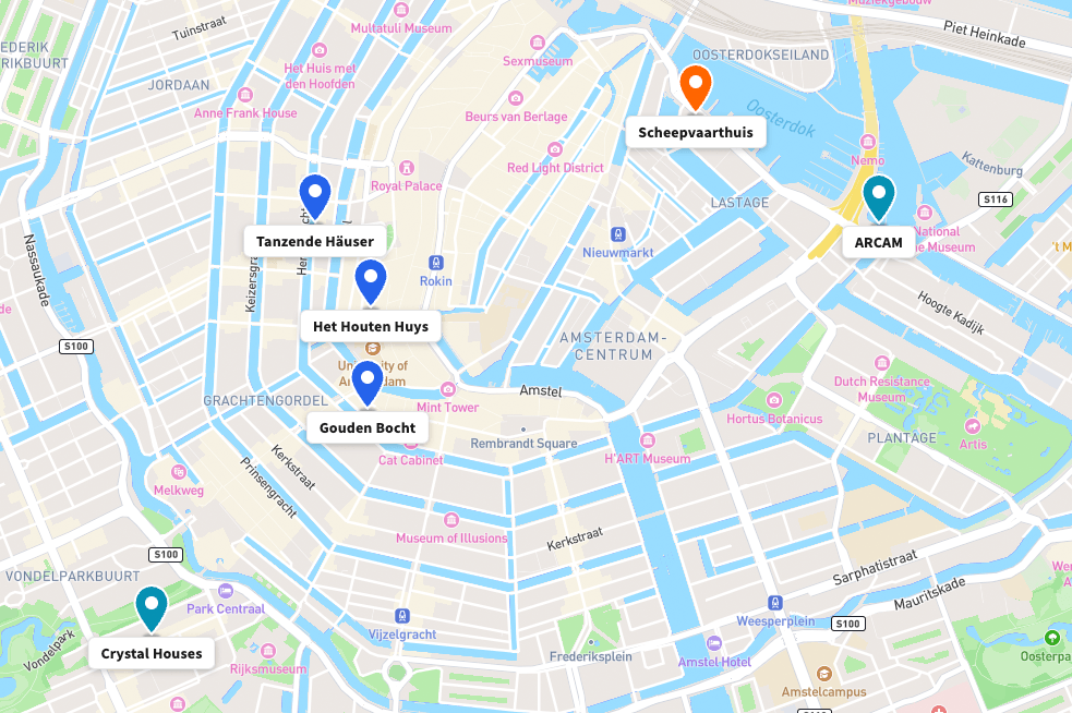 Interaktive Architektur-Karte Amsterdam – Übersicht mit Pins zu historischen Highlights, Amsterdamer Schule und moderner Architektur