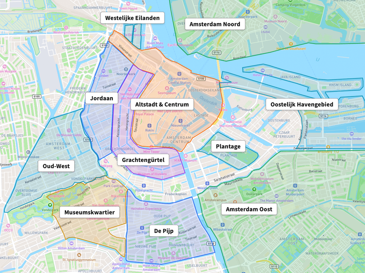 Interaktive Übersichtskarte der schönsten Stadtteile und Bezirke von Amsterdam