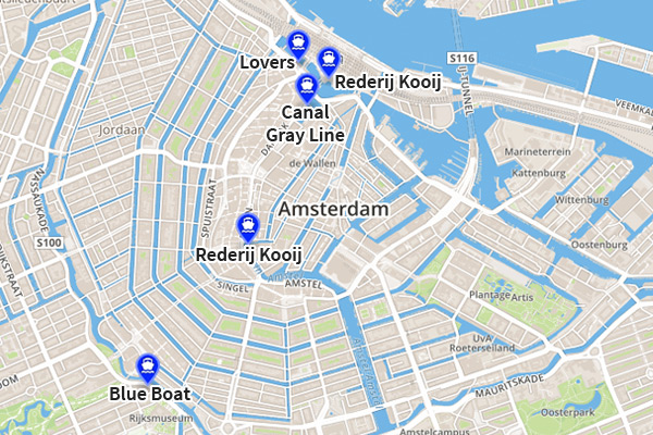 Karte - Anlegestellen für Bootsrundfahrten in Amsterdam